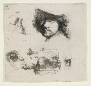 Blatt mit Studien: Kopf des Künstlers, ein Bettlerpaar, Köpfe eines alten Mannes und einer alten Frau, etc. von Rembrandt van Rijn