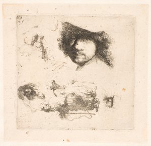 Blatt mit Studien: Kopf von Rembrandt, Bettlerpaar, Köpfe eines alten Mannes und einer alten Frau, usw.