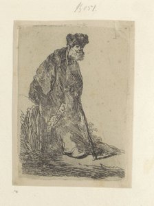 Stehender Mann mit langem Mantel und Pelzmütze (Recueil de quatre-vingt-cinq estampes originales) von Rembrandt van Rijn