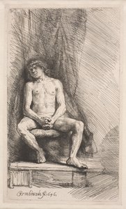 Studie vom Akt: Mann vor einem Vorhang sitzend von Rembrandt van Rijn