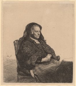 Die Mutter des Künstlers sitzt an einem Tisch und schaut nach rechts von Rembrandt van Rijn