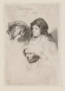 Drei Frauenköpfe, eine schläft von Rembrandt van Rijn