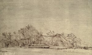 Winterlandschaft mit Hütten zwischen Bäumen, ca. 1650