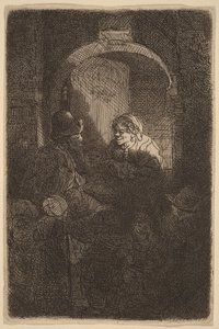 Frau an einer Türklappe spricht mit einem Mann und Kindern (Der Schulmeister) von Rembrandt van Rijn