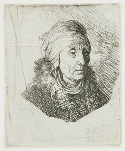 Frau mit hohem Kopfschmuck um das Kinn gewickelt: Büste von Rembrandt van Rijn