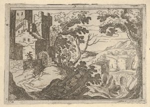 Landschaft mit Gebäuden links und einer Brücke rechts unten, ca. 1620-50