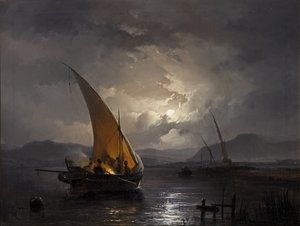 Eine nächtliche Landschaft mit einem Segelboot, in dem ein Feuer entzündet wird, nach 1860 von Remigius van Haanen