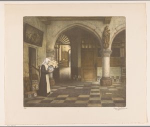 Nonne in einem Klosterflur mit einer Blumenvase von René Janssens (signed by artist)