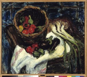 Stillleben im Gemüsekorb: Paprika, Aubergine und Lauch