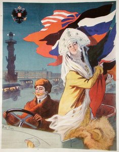Paar in einem Auto in St. Petersburg, Plakat, das ein französisches Auto für den russischen Markt bewirbt, ca. 1912 von Rene Pean