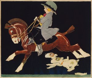 Mädchen reitet auf einem schnellen Pony, mit Hunden, die folgen