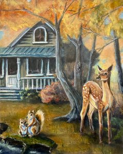 Herbsthirsch und Eichhörnchen von Renee Machan Cottagecore Artist
