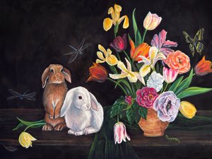 Kaninchen und Frühlingsblumen