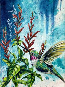 "Schwebender" Kolibri und Ananassalbei-Blumen von Renee Machan von Renee Machan Cottagecore Artist
