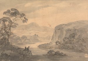 Gebirgslandschaft mit zwei Figuren, die auf einen See blicken von Rev. William Gilpin