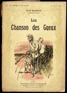 Alter Mann und kleiner Junge, tragen Reiseknoten und in Lumpen gewickelte Schuhe, auf einer Straße, Illustration von Ricardo Flores (gestorben 1918), für das Titelbild der Text- und Gedichtsammlung "La chanson des gueux", von Jean Richepin (1849-1926), dem