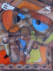 Kubistische Gitarren-Kaffee-Stillleben