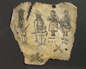 Menschliche Haut, tätowiert mit Figuren, wahrscheinlich Französisch