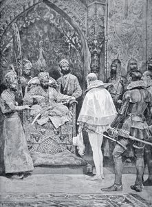 Akbar der Große empfängt die Botschafterin von Königin Elisabeth im Jahr 1599