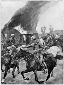 Britische Kolonialtruppen brennen die Farm eines rebellischen Buren nieder. Nach einem Gemälde von R. Caton Woodville. 2. Burenkrieg 1899-1902. von Richard Caton II Woodville