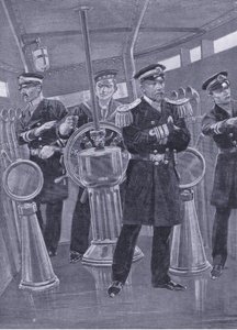 Admiral Togo im Kommandoturm seines Flaggschiffs, der eine Seeschlacht leitet, Illustration aus Cassells Geschichte des Russisch-Japanischen Krieges Band 1, ca. 1900 von Richard Caton Woodville