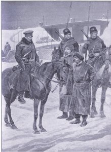 Verhaftung japanischer Spione, die als Kulis entdeckt wurden, Illustration aus Cassells Geschichte des Russisch-Japanischen Krieges Band 1, ca. 1900