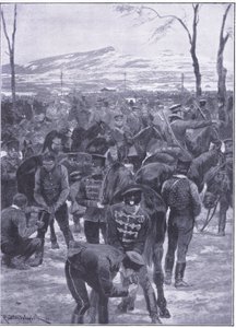 Japanisches Kavallerielager in Seoul: Hufschmiede bei der Arbeit, Illustration aus Cassells Geschichte des Russisch-Japanischen Krieges Band 1, ca. 1900