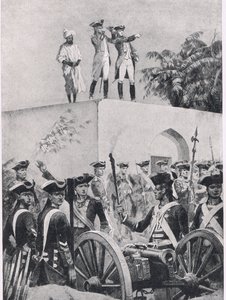Schlacht von Plessey, 23. Juni 1757: Clive auf dem Dach der Jagdhütte von Nawab Surat-ud-Daula, Illustration aus Britische Schlachten zu Land und zu Wasser, 1915 von Richard Caton Woodville junior