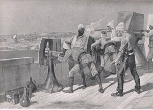 Auf dem Weg den Nil hinauf: Schießen auf die Derwische, Illustration aus Britische Schlachten zu Land und zu Wasser, 1915 von Richard Caton Woodville junior