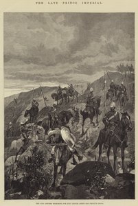 Der verstorbene Prinz Imperial, die 17. Lanzenreiter suchen nach Zulu-Spähern nach dem Tod des Prinzen von Richard Caton Woodville junior