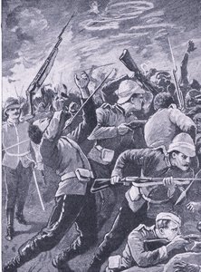 Die Verteidigung von Rorkes Drift, Illustration aus Britische Schlachten zu Land und zu Wasser, 1915 von Richard Caton Woodville junior