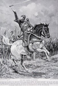 Der erste Angriff bei Hastings: Taillefer der Minnesänger-Schwertjongleur ritt aus den Reihen, sang und warf sein Schwert in die Luft, 1066, Illustration aus 