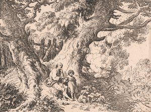 Alte Bäume mit altem Mann, Kind und Hund von Richard Corbould