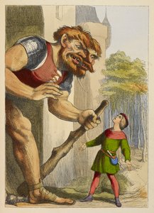 Jack schaut zu einem Riesen auf, der zwei Köpfe hat. Der Riese ist Waliser. Farbige Illustration in einem Kinderbuch.
