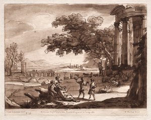 Liber Veritatis: Nr. 55, Eine Landschaft mit einem Tempel und einer tanzenden Nymphe und einem Satyr von Richard Earlom