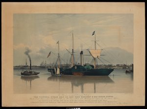 Diese Platte, von einem Originalgemälde von Ward, des Victoria-Dampfschiffs, von 1200 Tonnen Last und 400 Pferdestärken... gestartet am 20. Juni 1837...