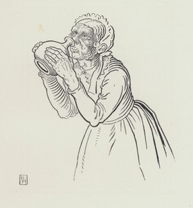 Die alte Frau und der Weinkrug (Gravur)