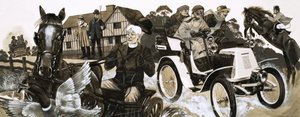 Ein lautes neues Auto erschreckt Dorfbewohner und ihre Pferde