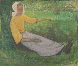Frau von Huizen unter einem Baum sitzend von Richard Nicolaus Holst Roland