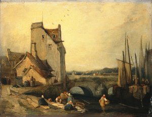 Ansicht in der Bretagne: Brücke, Hütten und Wäscherin
