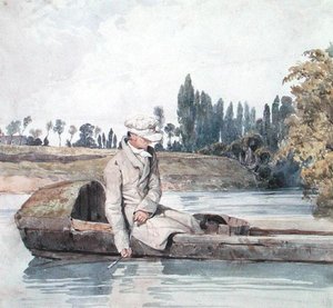 Ein Mann, der von einem Boot auf einem Fluss angelt