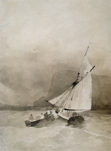 Ein Segelschiff und ein Ruderboot in stürmischer See vor Beachy Head, Sussex