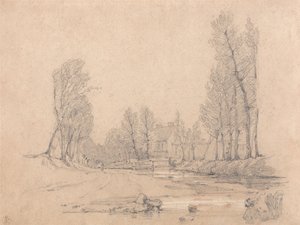 Ein bewaldeter Bach und ein Bauernhaus in der Normandie