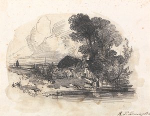 Bäume und ein Cottage an einem Fluss