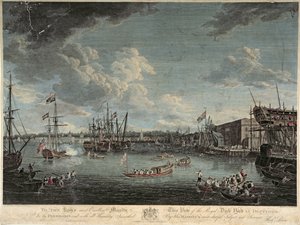 Ansicht der königlichen Werft in Deptford, graviert von William Woollett, veröffentlicht am 1. Juli 1793 von Richard Paton