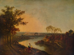 Ein englischer Fluss bei Sonnenuntergang, in der Ferne die walisischen Hügel, ca. 1760, 1938 von Richard Wilson