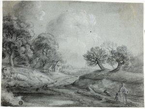 Landschaft mit Frau und Kühen