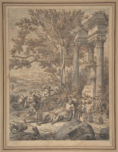 Silvio nähert sich Dorinda, die er mit einem Pfeil verwundet hat, ca. 1700