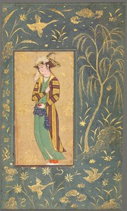 Jugendlicher, der einen Granatapfel hält, Illustration aus einem Einzelblatt-Manuskript, um 1600-1650 von Riza yi Abbasi
