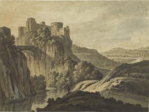 Eine Flusslandschaft mit einer Burg auf einem Steilhang, 1780 von Robert Adam